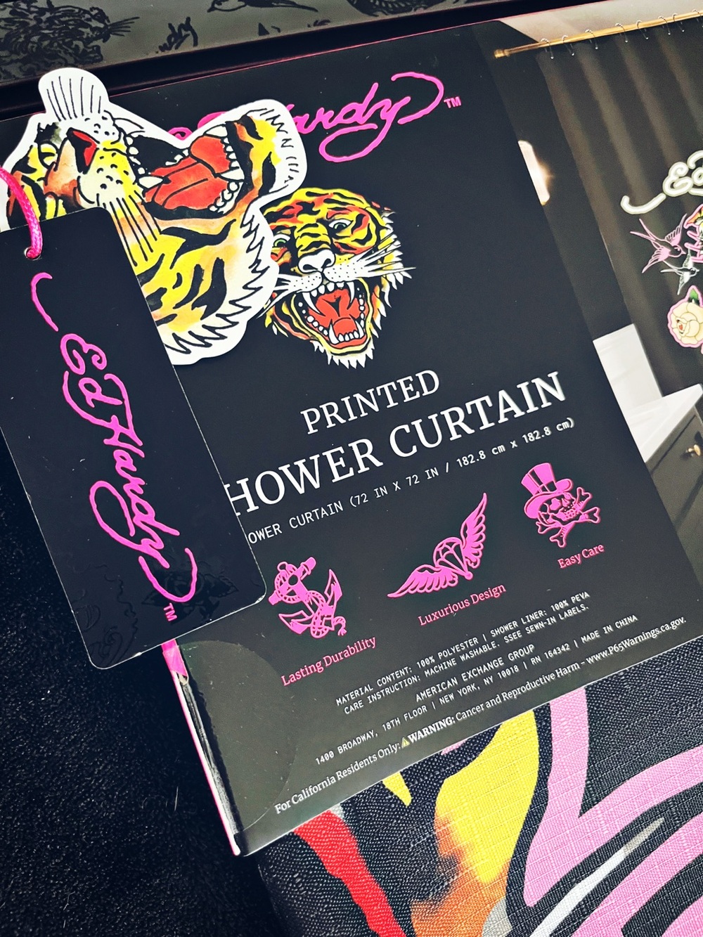 Ed Hardy Black Shower Curtain with Neon Tiger & Pink Accents